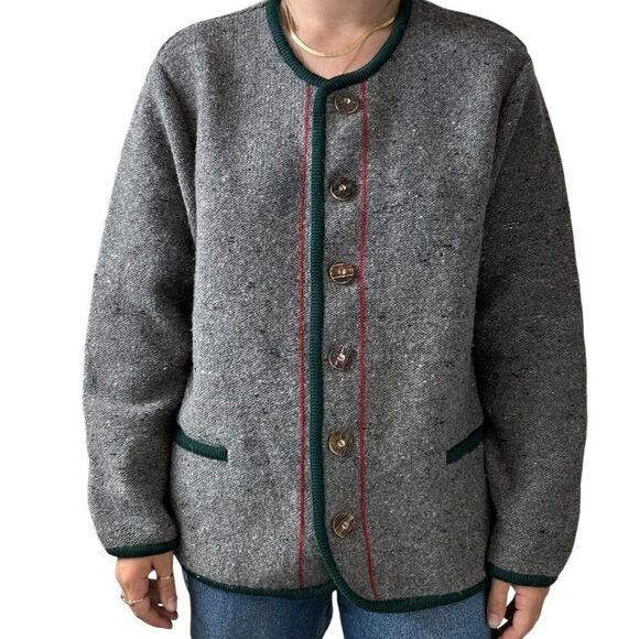 Vintage Geiger Womens Gray 100% Wool Christmas Theme Cardigan Jacket Sz 54 - Picture 4 of 9